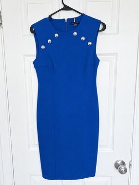 Tommy Hilfiger Cobalt Blue Sleeveless Sheath Dress with Silver Buttons